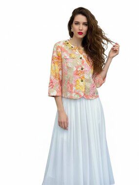 Linear Floral Embellished Button Front Jacket Size L Pink Orange Tropical